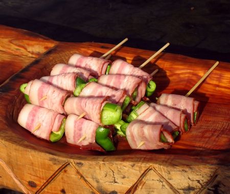 Bacon and Pepper Skewers -- popular Chinese snack at an outdoor stallの写真素材