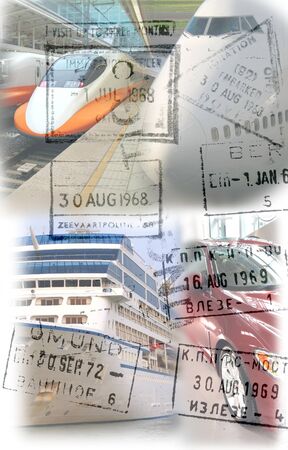 Travel image with four ways of transport and old visa stamps
のeditorial素材