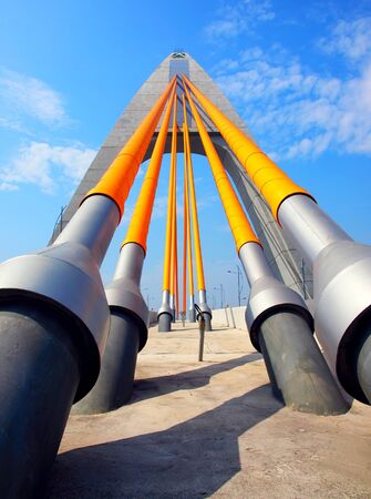 A modern single tower cable stayed bridge with powerful steel cablesの写真素材