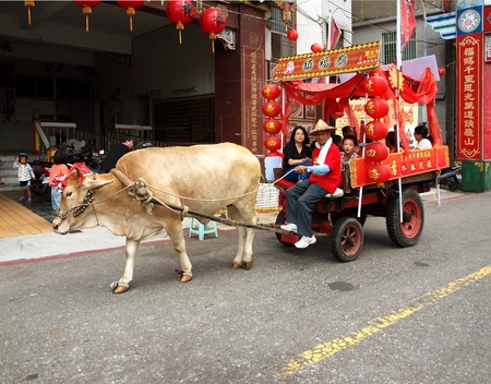 KAOHSIUNG, TAIWAN -- OCTOBER 13: A traditional Taiwanese ox cart is a special attraction at the yearly Wannian Folklore Festival on October 13, 2013 in Kaohsiung.のeditorial素材