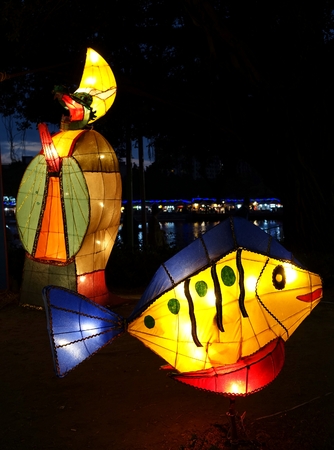 KAOHSIUNG, TAIWAN - FEBRUARY 18, 2014: Colorful lanterns are displayed on the banks of the Love River during the 2014 Kaohsiung Lantern Festival のeditorial素材