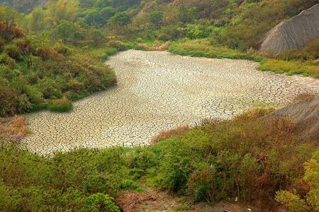 Cracked mud at the bottom of a dried up lake