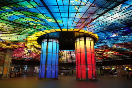 KAOHSIUNG, TAIWAN -- JUNE 26, 2014: This giant glass work called the Dome of Light marks the central plaza at the Formosa Boulevard Station of the Kaohsiung City subway transportation system.のeditorial素材