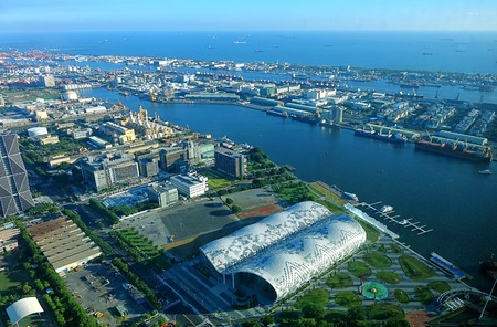 KAOHSIUNG, TAIWAN -- JULY 13, 2014:  An aerial view of Kaohsiung Port with the new Exhibition Center in the foreground.のeditorial素材