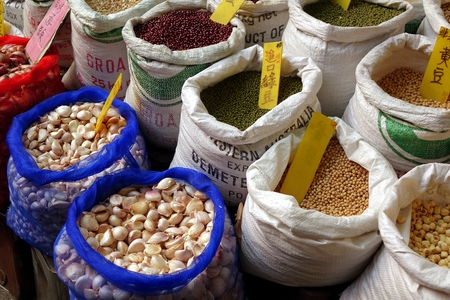 KAOHSIUNG, TAIWAN -- MAY 31, 2014: A store at the famous Zongjie dry goods market sells beans, grains, nuts and other foods.のeditorial素材