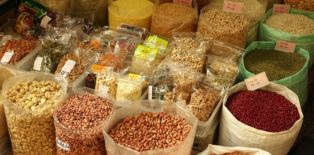 KAOHSIUNG, TAIWAN -- MAY 31, 2014: A store at the famous Zongjie dry goods market sells beans, grains, nuts and other foods.のeditorial素材
