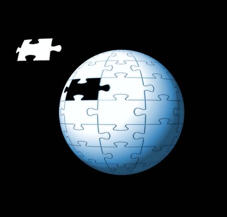 Conceptual image of a puzzle sphere with a missing piece. Good for business solutions and consulting.の写真素材