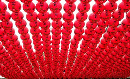 KAOHSIUNG, TAIWAN -- AUGUST 12, 2015: Multitudes of red lanterns decorate the courtyard of the Tian Hou Temple on Chijin Island.のeditorial素材