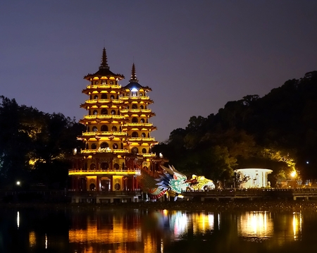 Tiger and Dragon Pagodas at the Lotus Lake in Kaohsiung at evening timeのeditorial素材