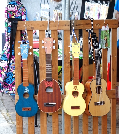 KAOHSIUNG, TAIWAN -- APRIL 23, 2016: Outdoor vendors sell musical string instruments at the 1st Pacific Rim Ukulele Festival, a free outdoor event.のeditorial素材