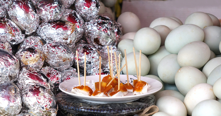 Duck eggs preserved in a salty brine are a popular Chinese food
の写真素材