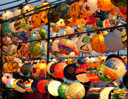 KAOHSIUNG, TAIWAN -- FEBRUARY 19, 2018: Colorful lanterns are on display  on the banks of the Love River during the 2018 Lantern Festival to welcome the Year of the Dog.のeditorial素材