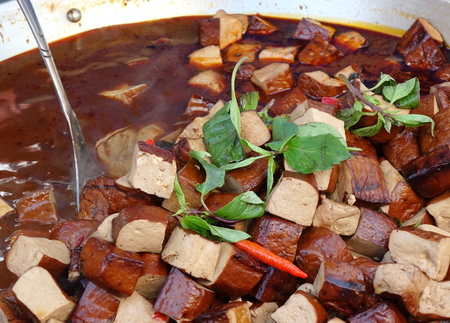 Pressed bean curd with chilies and fresh basilの写真素材