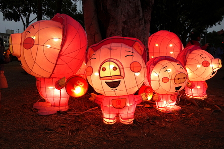 KAOHSIUNG, TAIWAN -- FEBRUARY 9, 2019: Lanterns in the shape of cute pigs are on display for the Chinese Year of the Pigのeditorial素材