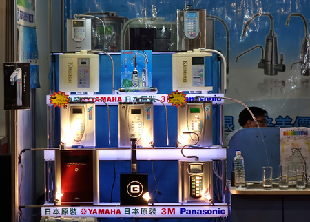 KAOHSIUNG, TAIWAN -- APRIL 5, 2019: A booth with water purifiers at a sales and promotional fair for electric household appliances.のeditorial素材