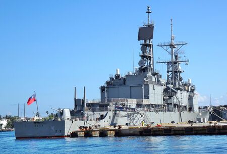 KAOHSIUNG, TAIWAN -- JUNE 2, 2019: A guided missile destroyer of the Taiwan navy is anchored in Kaohsiung Port.のeditorial素材