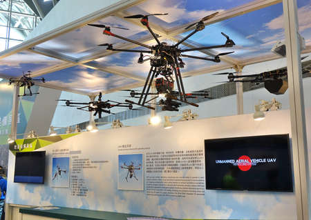 KAOHSIUNG, TAIWAN -- SEPTEMBER 29, 2018: Drones eqipped with electronics and weapons are on display at the Kaohsiung International Maritime & Defence Expoのeditorial素材