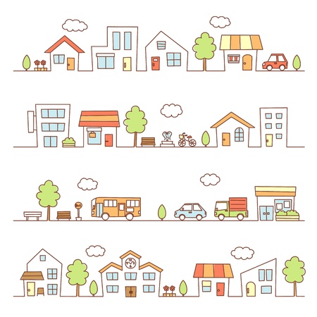 stores and houses on a streetのイラスト素材