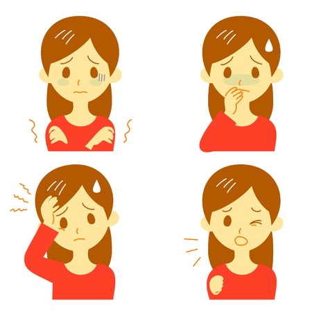 Disease Symptoms 01, fever and chills, headache, nausea, cough, expressions, womanのイラスト素材