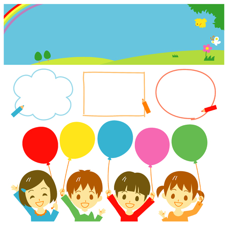 Kids holding balloons, banner setのイラスト素材