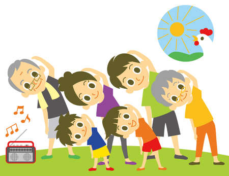 Family, Japanese radio gymnastics, warming up in the morning, vector fileの販売画像