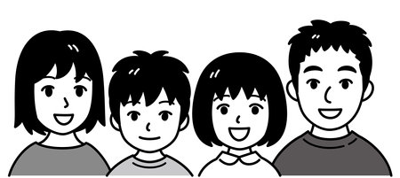 Asian family, parents and children, vector illustration, black and white illustrationのイラスト素材