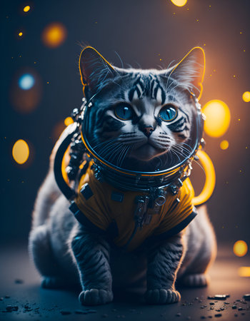 Astronaut cat in spacesuit and helmet on a dark background.の素材