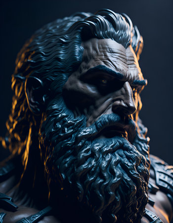 Close-up portrait of Zeus, the god of the sky in ancient Greek mythology on a dark background.の素材