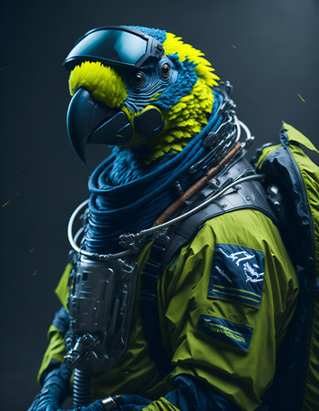 Portrait of a parrot in a space suit on a dark background. Generative AI.の素材