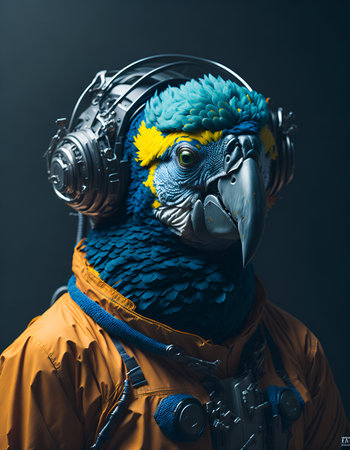 Portrait of a parrot in an aviator suit with headphones. Generative AI.の素材