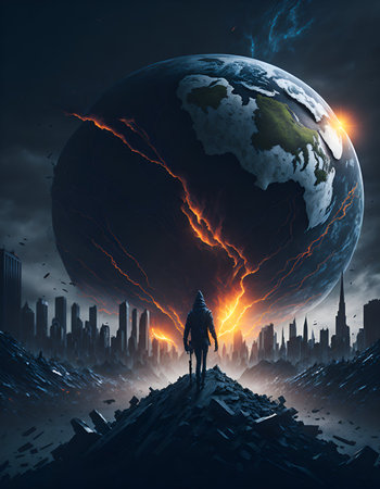 Conceptual image of man looking at the destruction of the world. Generative AI.の素材