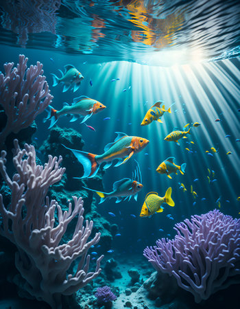Underwater view of coral reef with tropical fishes. Underwater world. Generative AI.の素材