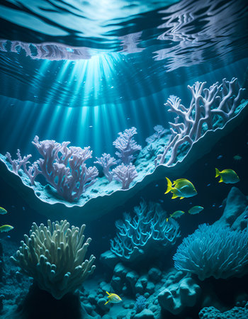 Underwater scene with corals and tropical fish. 3d rendering. Generative AI.の素材