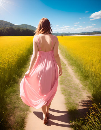 Beautiful young woman in long pink dress walking in blooming field with the sun shining. Generative AI.の素材