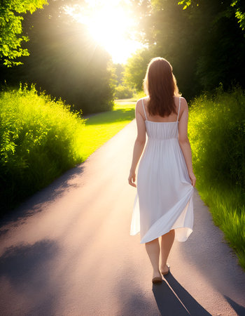 Young woman in white dress walking on country road with the sun shining. Back view. Generative AI.の素材