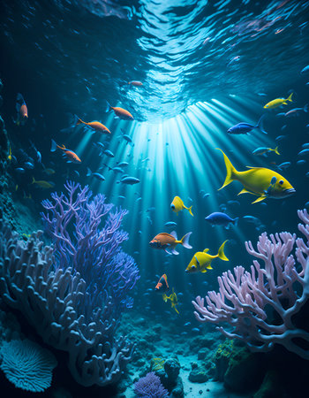 Underwater world with corals and tropical fish. 3d rendering. Generative AI.の素材