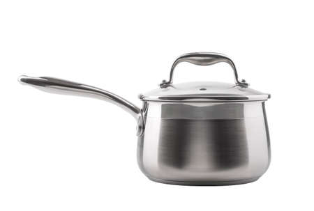 Stainless steel saucepan isolated on white backgroundの写真素材