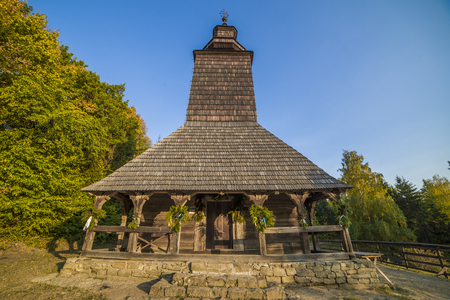 old traditional wooden church from Zakarpattia region ,Western Ukraine,Carpathian mountains,Europeの写真素材