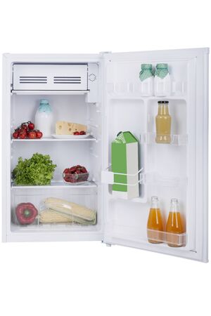 Open fridge full of fresh fruits and vegetables, healthy food background, organic nutrition, health care, dieting conceptの写真素材