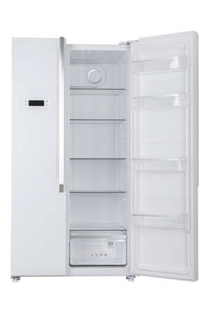 New Refrigerator Isolated on White Background. Modern Kitchen and Domestic Major Appliancesの写真素材