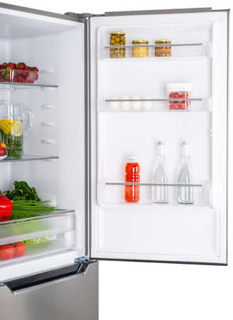 Open fridge full of fresh fruits and vegetables, healthy food background, organic nutrition, health care, dieting conceptの写真素材