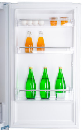 Open fridge full of fresh fruits and vegetables, healthy food background, organic nutrition, health care, dieting conceptの写真素材