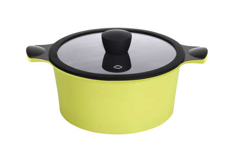 Bright colorful home cookware for cooking different dishes on the stove. Isolated on white backgroundの写真素材