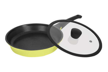 Bright colorful home cookware for cooking different dishes on the stove. Isolated on white backgroundの写真素材