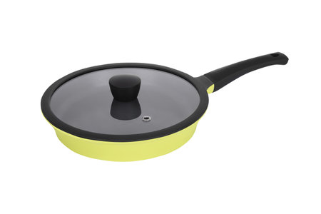 Bright colorful home cookware for cooking different dishes on the stove. Isolated on white backgroundの写真素材