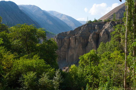 Small village on precipitous edge of canyon in highland valley in Tajikistan. Summer morning view.の写真素材