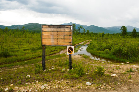Dirty swampy road through the swamp with totally weathered information boardの写真素材