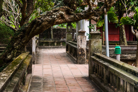 Interior of old ancient Vietnamese Buddhist temple backyardの写真素材