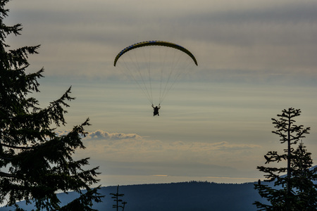 Silhouette of a paraglider against the background of the evening skyの写真素材
