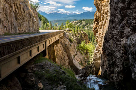 Sinclair Canyen. road in a narrow gorge. Scenic Mountain views. Kootenay National Parkの写真素材